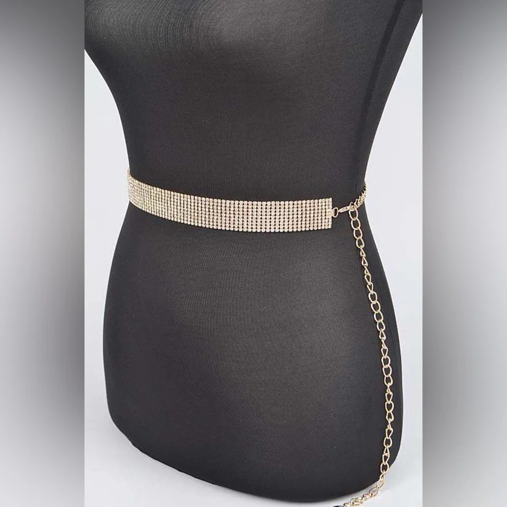 Gold Rhinestone Chain Statement Belt - Picture 2 of 4